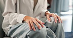 Mental health, hands and patient with anxiety, stress and therapy for sharing of trauma and counselling. Psychology, person and nervous for evaluation in clinic with consultation, grief and support