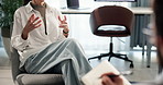 Patient, hands and therapist in counseling for mental health, discussion and recovery support for anxiety. Therapy, psychologist and person explain for consultation, share trauma, notes in session