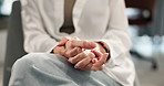 Mental health, hands together and patient with anxiety, stress and therapy for trauma and counselling. Psychology, person and nervous for evaluation in clinic with consultation, grief and support