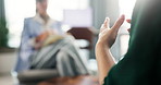 Patient, hands and psychologist in consultation for mental health, discussion and recovery support for anxiety. Psychology, therapist and person with counseling, trauma and conversation in session