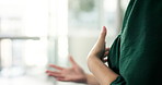 Person, hands and explanation with anxiety, stress and therapy for trauma and counselling. Psychology, patient and nervous for evaluation in clinic with consultation, conversation and support