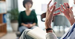 Psychologist, hands and woman in counseling for mental health, discussion and recovery support for anxiety. Patient, therapist and person with consultation, advice and conversation in session