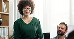 Business, introduction and support with woman in group therapy session for consulting or psychology. Counseling, discussion or meeting with employee people in office for assistance or communication
