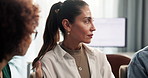 Business, sad woman and empathy with therapy in office for mental health, grief and support. Group counseling, employees and person with depression for rehabilitation, recovery and safe space at work