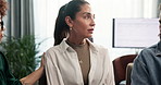 Business, therapy or sad woman with support group in office for mental health, healing and grief. Counseling, employees and discussion with empathy for rehabilitation, recovery and safe space at work