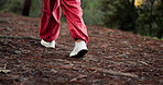Person, hiking and legs on trail in forest, outdoor adventure and nature with steps or shoes. Back view, walking and feet on ground in woods to explore for tourism, journey or holiday with footwear