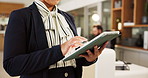 Hands, hotel and woman with tablet, employee and typing with digital app for reservation. Closeup, person and concierge with tech, hospitality and online booking with email for schedule and calendar