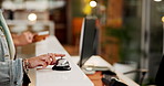 Hotel, reception and hands with bell to press, request assistance or urgent attention for service. People, waiting or buzzer on front desk for booking, reservation or concierge signal for hospitality