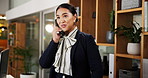 Phone call, woman and receptionist at front desk in hotel for booking reservation or view appointment. Hospitality, customer care and concierge with communication for room service at accommodation.
