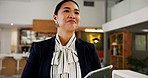 Hospitality, tablet and walking with hotel concierge in lobby for accommodation or reservation. App, booking and smile with happy Asian woman at work in reception for planning or resort management