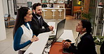 Arrive, check in and people on business trip, hotel and chat with receptionist and customer service. Reception, guest and colleagues with suitcase in motel, registration and discussion with concierge