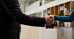 Hotel, reception and people with handshake for welcome, introduction or help for accommodation. Closeup, client or concierge with shaking hands for greeting, hospitality service or check in for guest
