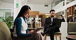 Hotel, guest and woman with tablet, lobby and business people with tech for financial report or web. Online, customer and man with laptop for project, hospitality and typing for research in motel