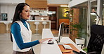Hotel, reception and woman with bell to ring, request assistance or urgent attention for service. Person, waiting and buzzer on front desk for booking, reservation or concierge signal for hospitality