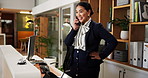 Phone call, woman and receptionist in hotel lobby for booking reservation or view appointment. Hospitality, customer care and concierge with communication for room service at accommodation front desk