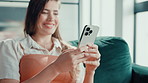 Happy, sofa and woman with phone in home for social media, reading message and chatting. Living room, laugh and person on smartphone for communication, internet and online dating on mobile app