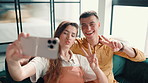 Selfie, relax and couple on sofa in home with peace sign, bonding or happiness together in living room. Smile, connection and man with woman for photography picture for relationship memory in house.