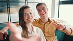 Selfie, bonding and couple on sofa in home with peace sign, connection or relaxing together in living room. Love, happy and man with woman for photography picture for relationship memory in house.