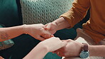 Empathy, couple and holding hands with support on sofa for grief, mental health or assurance. Love, connection and people with comfort in home for sympathy, compassion and console for healing or loss