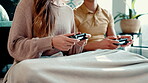 Bonding, couple and hands with controller, video game and break with virtual sport, playing and web. Entertainment, gamer and people with console for challenge, house and digital competition on date