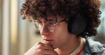 Headphones, music and thinking with man in studio for audio, sound producer and demo track. Song project, record label and beat synth instrumental with person and reflection for radio, notes and idea