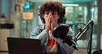 Man, stress and frustrated with mic for podcast, anxiety and mistake with audio glitch on live stream. Influencer, host and brain fog with recording error, laptop and virtual broadcast in studio