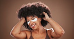 Studio, woman face and beauty with eye mask for skincare, facial treatment and collagen with smile. Afro, African person and portrait with patches for cosmetics, confidence and space in background