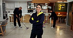Janitor, woman and arms crossed with face, cleaning service and wet floor for disinfection. Portrait, safety and manager for sanitation group, maintenance worker and tile polishing for wellness