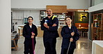 Janitor, people and arms crossed with face, sanitation service and wet floor for disinfection. Portrait, safety and caution sign for cleaning group, maintenance worker and tile polishing for care