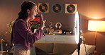 Influencer, ring light and wave with woman in home for live streaming, promotion or smile. Social media content creator and recording with person and phone for vlog broadcast or follower advice