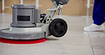 Person, feet and polishing machine on tiles for cleaning, building maintenance or office hygiene. Janitor, workplace or equipment on wet floor for service, shining interior or hospitality in business