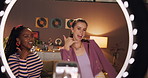 Dancer, live streaming and ring light with friends in bedroom for social media, influencer and vlog. Content creator, dancing trend and gen z challenge with women and phone in home for recording