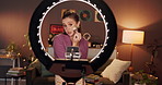 Makeup, live streaming and ring light with woman and phone for cosmetics promotion, brand and vlog. Beauty sponsorship, follower engagement and content creator with person in home as influencer