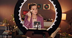 Beauty, live streaming and ring light with woman and phone for cosmetics promotion, brand and vlog. Makeup sponsorship, follower engagement and content creator with person in home as influencer