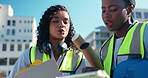 Discussion, engineering and women in city, tablet and renovation with cooperation. App, construction site or architecture with employees, digital tech or blueprint proposal with schedule for project