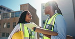 Conversation, architecture and women with tablet, outdoor and teamwork with support. Blueprint proposal, construction site or engineering with employees, tech or cooperation with schedule for project
