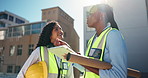Discussion, architecture and women with tablet, outdoor and blueprint proposal with support. People, construction site or engineering with employees, tech or real estate with schedule for project