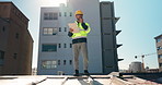 Man, construction and talking on radio with clipboard for  site inspection, instructions and safety. Engineer, low angle and communication for project management, quality control and risk assessment