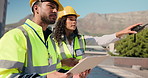 Teamwork, inspection or people on site for talking, construction plan and project management. Clipboard, building or architects in renovation for city development with checklist or engineering safety