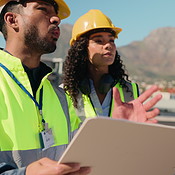 Teamwork, inspection or people on site for engineering, construction ...