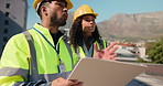 Teamwork, inspection or people on site for engineering, construction plan and project management. Clipboard, building or architects talking in renovation for city development with checklist or safety