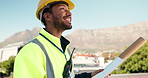 Smile, man or builder on site for floor plan, engineering inspection or project management. Vision, inspector or contractor in construction industry for development with ideas, review or blueprint
