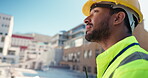 Floor plan, happy man or builder in city for thinking, engineering inspection or project management. Vision, inspector or contractor on construction site with development ideas, review or blueprint