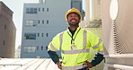 Happy man, contractor and ladder with helmet for rooftop installation or construction. Male person, electrician or technician with smile for electrical checkup or air condition maintenance in city