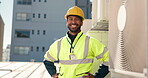Engineer, happy and face of man on site for building inspection, maintenance and quality control. Construction, contractor and smile on city rooftop for property development and project management