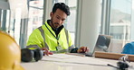 Design, office or architect on laptop for floor plan, engineering planning or project inspection. Research, draw or contractor in construction job for city development with check, review or blueprint