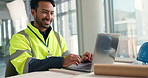 Man, laptop and contractor for blueprint with planning, architecture and tech for building specs. Construction, renovation or maintenance with online check for design or smile for engineering