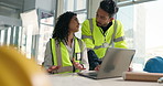 Civil engineer, man and woman with laptop, office and planning for building project or architecture. Collaboration, colleagues and people with tech for design, architect and discussion for layout