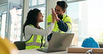 Civil engineer, high five and people with laptop, success and happy for collaboration or assignment. Excited, architect and positive feedback for design on website, man and woman with smile for tech