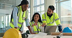 Architecture, meeting and people on laptop with blueprint, design and floorplan for building project. Construction, teamwork and workers with papers in discussion for ideas, planning or collaboration